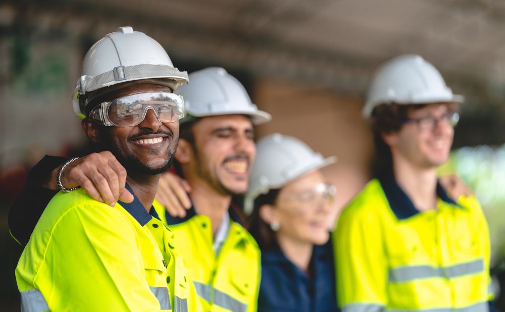 Four construction workers wearing high-visibility jackets, safety helmets, and goggles stand together smiling, with one worker’s arm around another in a friendly gesture. The background is blurred.