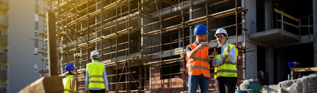 Construction workers in safety vests and helmets stand near a building under construction with scaffolding. Two people in the foreground discuss plans, while others work in the background.