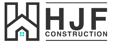 Logo for HJF Construction. The logo features a stylized house icon with a blue window on the left, and bold black text "HJF Construction" to the right.